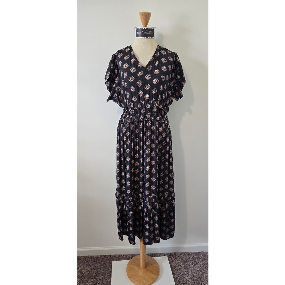 bohme Flutter Sleeve Gray Diamond Print Tiered Midi Dress Sz Small (0946)